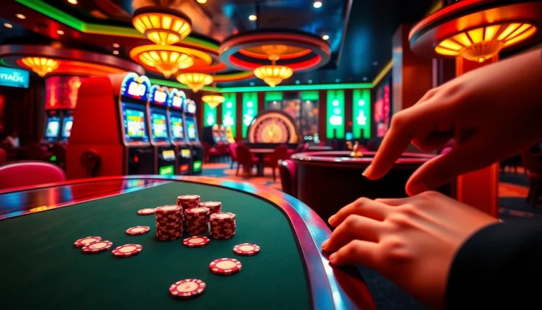 Engaging scene of a luxurious casino highlighting a 슬롯커뮤니티 gathering with slot machines and roulette tables.
