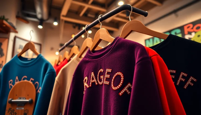 RageOff sweatshirts collection displayed in a trendy urban setting with vibrant colors.
