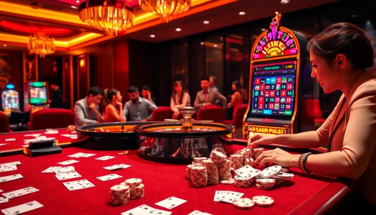 Players enjoy thrilling games at HZ88's high-class casino, featuring poker chips, cards, and roulette wheels.