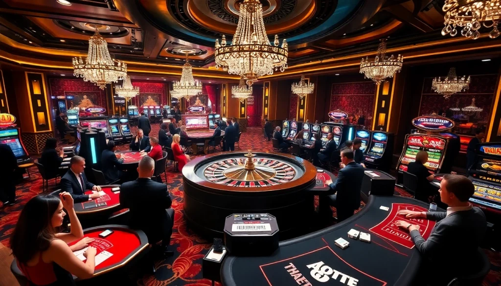 Experience THABET's luxurious casino gaming with vibrant roulette wheels and eager players.