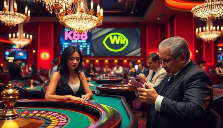 K88win players engaging in a thrilling casino game in an elegant setting