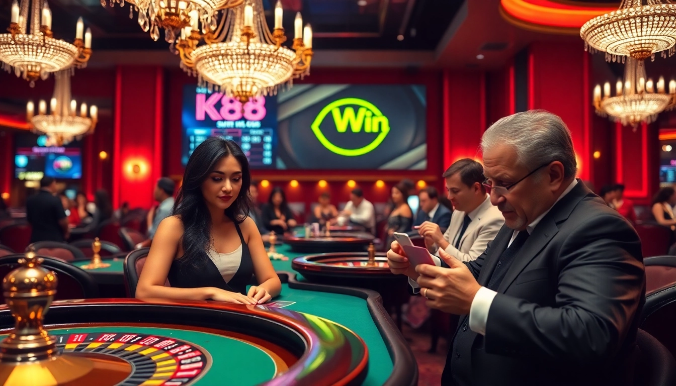 K88win players engaging in a thrilling casino game in an elegant setting