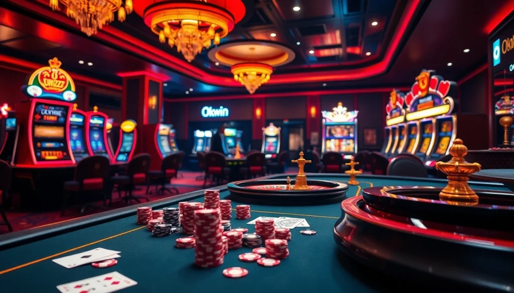 Okwin players strategizing at an elegant casino table filled with vibrant poker chips and cards.