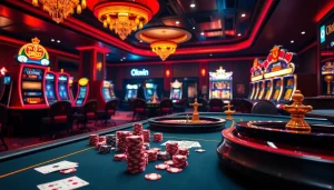 Okwin players strategizing at an elegant casino table filled with vibrant poker chips and cards.