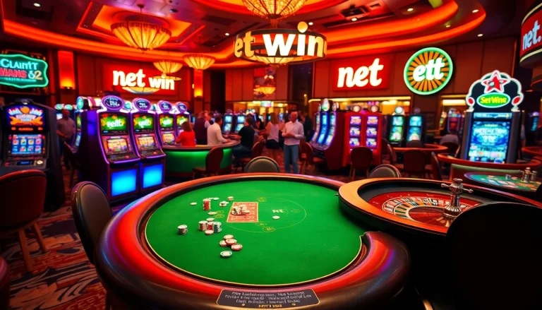 Feel the excitement of net win at a luxurious casino with vibrant poker tables and slot machines.