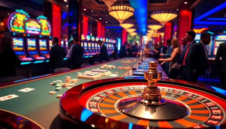 Players enjoying a thrilling gaming experience at F168 casino with vibrant slot machines and poker tables.