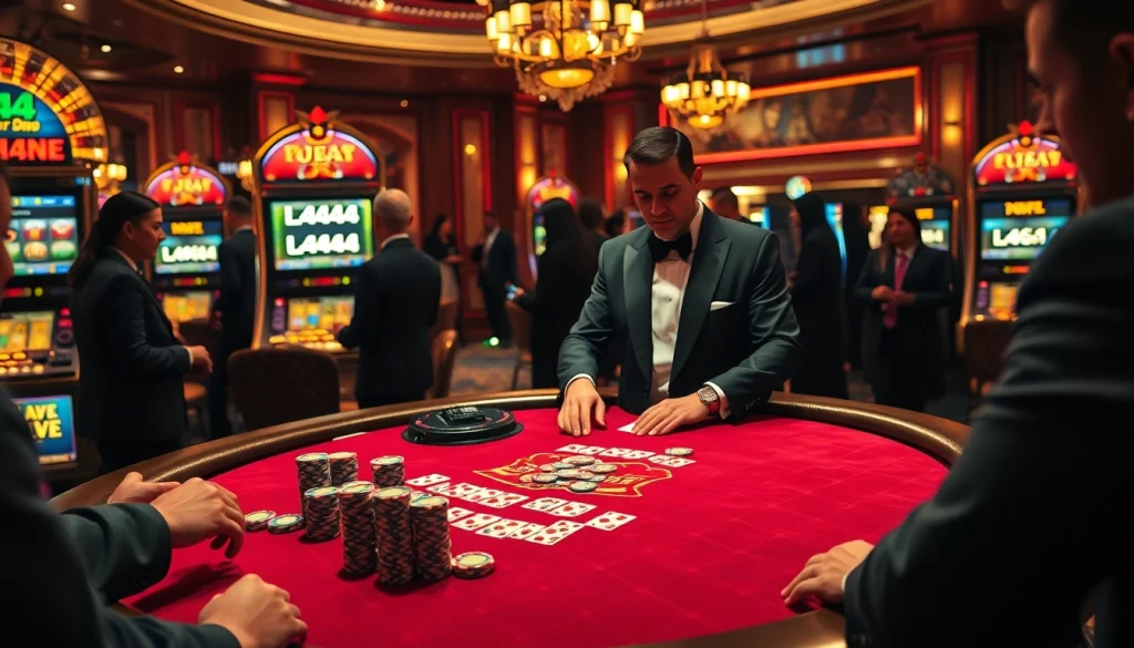 Experience high-stakes poker at L444, with luxurious chips, cards, and thrill of the game.