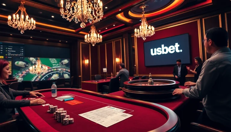 Experience thrilling poker action at usbet with vibrant chips and cards on a sleek table.