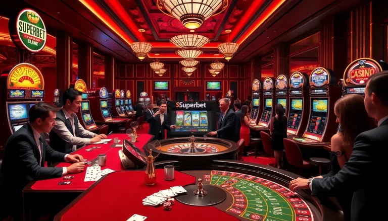 Superbet betting station with excited players engaging in card games and slot machines in a luxurious casino environment.