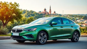 Chirie auto Moldova: stylish rental car against Chișinău's scenic backdrop