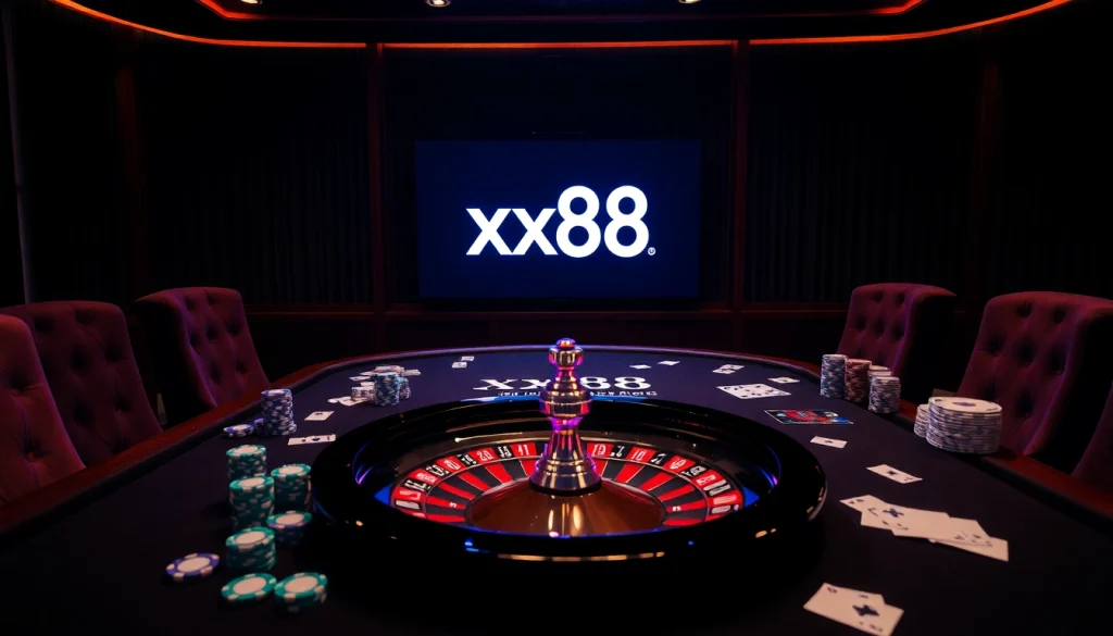 Experience the thrill of gambling at xx88 with poker chips and a roulette wheel in a luxurious casino.