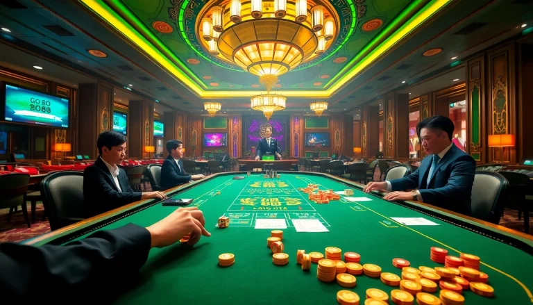 Experience the excitement of go88 tài xỉu at a luxurious casino table with vibrant lights and a festive atmosphere.