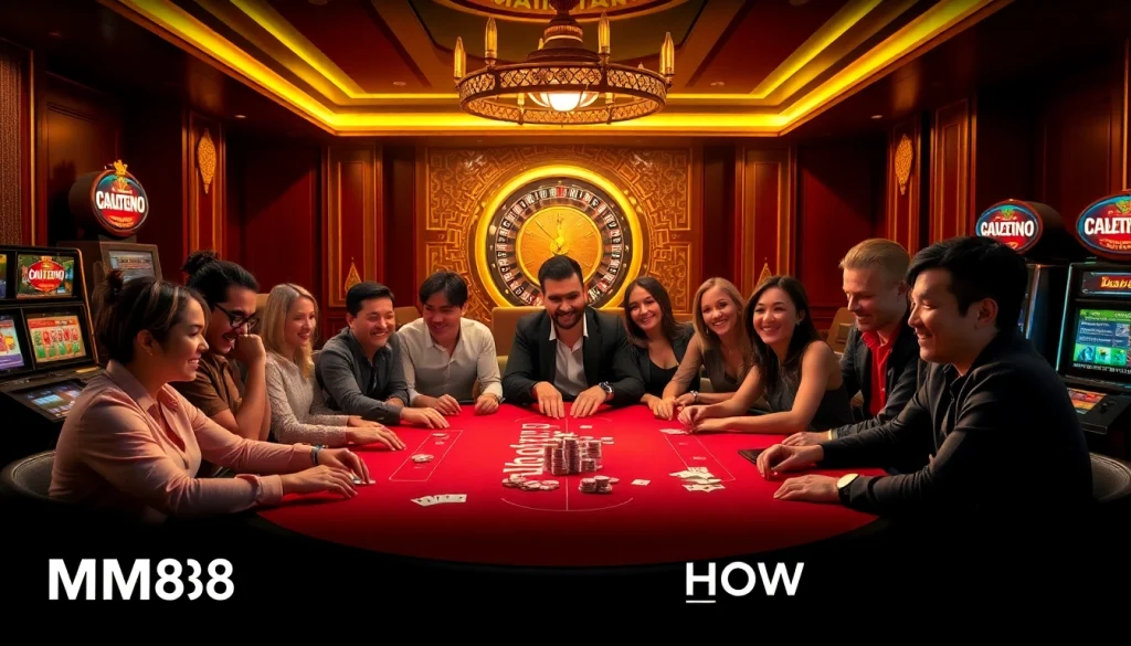 MM88 HOW players enjoy a thrilling poker game amidst a vibrant casino setting.