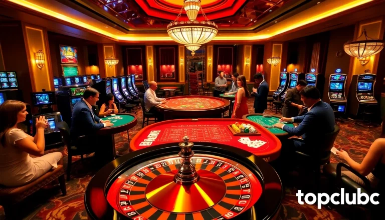 Players enjoying high-stakes games at https://topclub.site/ in a vibrant casino environment with roulette and cards.