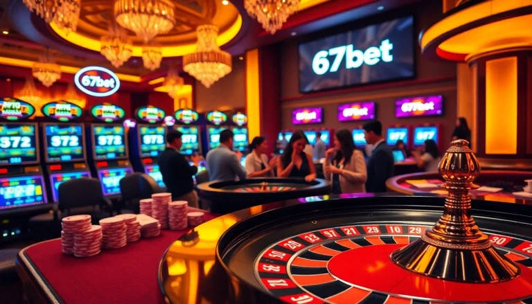 Players enjoying a thrilling game at a luxurious casino table featuring 67bet logo cards and chips.