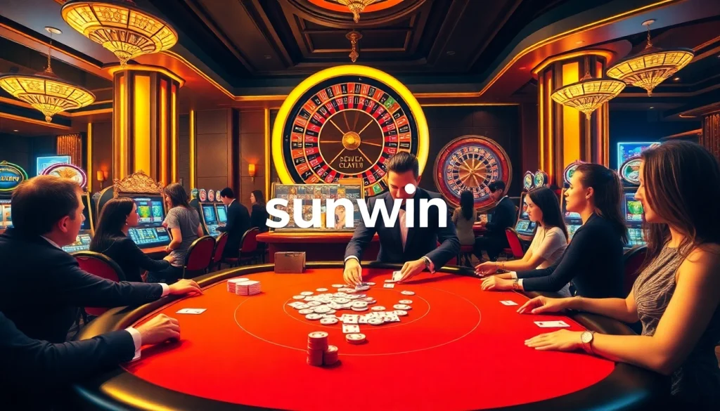 Exciting gameplay at Sunwin casino with players engaged at a stylish gaming table.