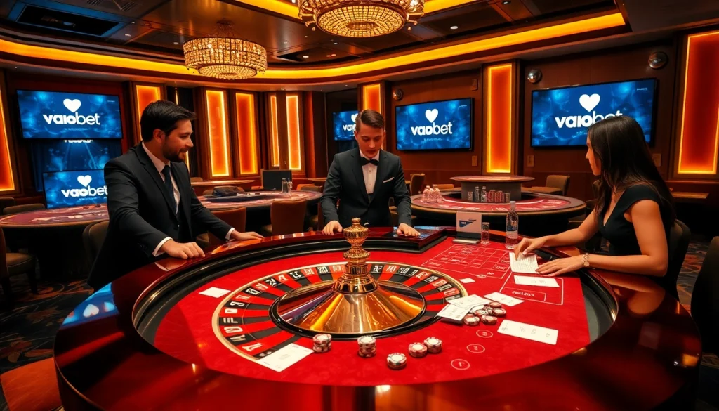 Experience luxury gaming at vaobet with dealers engaging players at a vibrant casino table.