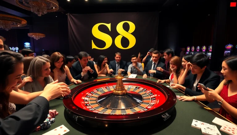 Players engaged in an exciting casino game at S8, showcasing colorful chips and a vibrant roulette wheel.