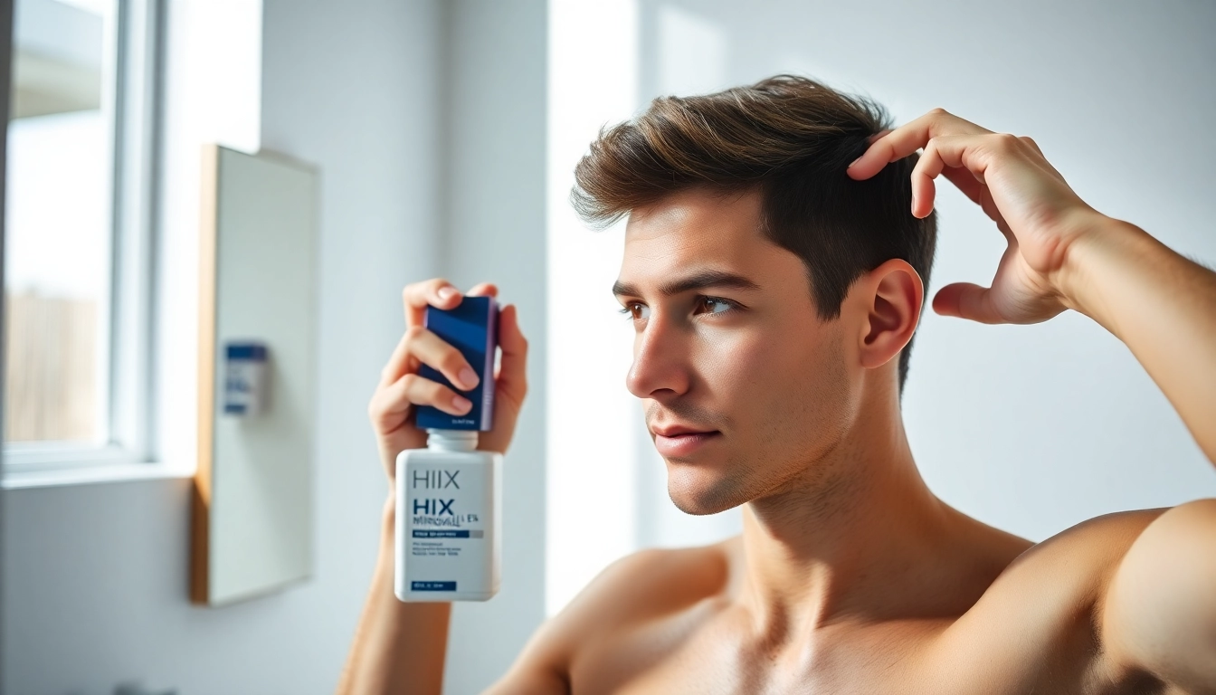 明るくモダンな浴室で ヒックスミノキシジル　口コミ を塗布している若い男性。