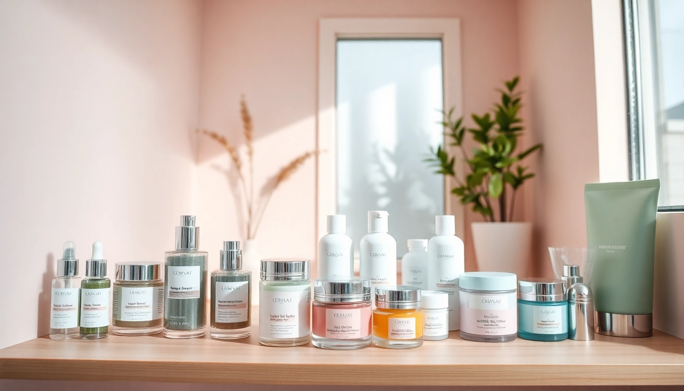 Koreanska hudvårdsprodukter som serum och masker visas i en lugn skönhetstudio, som visar koreansk hudvård.