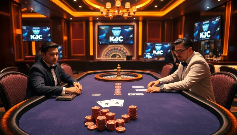 KJC brand poker table scene engaging professional players with high-stakes excitement.
