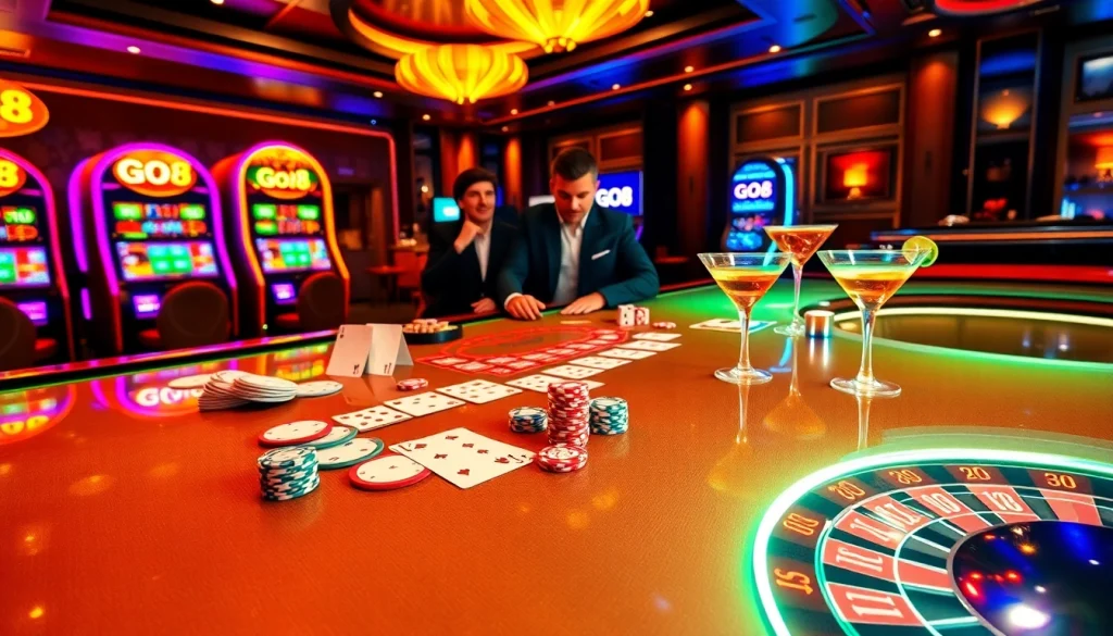 GO8 players strategizing at an exciting casino table filled with chips and cards.