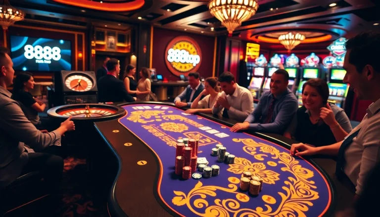 Experience thrilling gaming action at 888top link table with vibrant poker chips and cards.