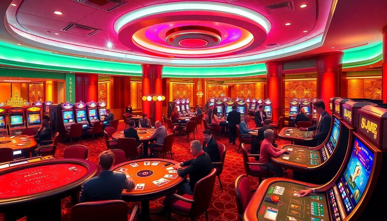 Experience the thrill of the skyclub game in a luxurious casino setting filled with poker tables and slot machines.