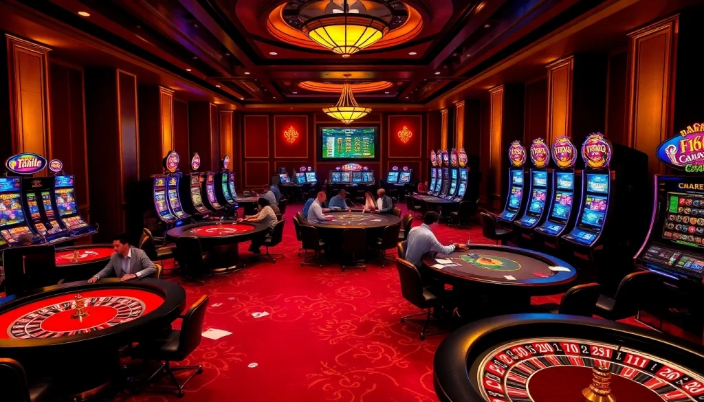 High-stakes gambling scene featuring F168 com with poker tables, roulette wheels, and slot machines.