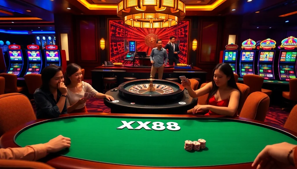 Experience the excitement of winning at XX88 with vibrant casino gaming tables and engaged players.