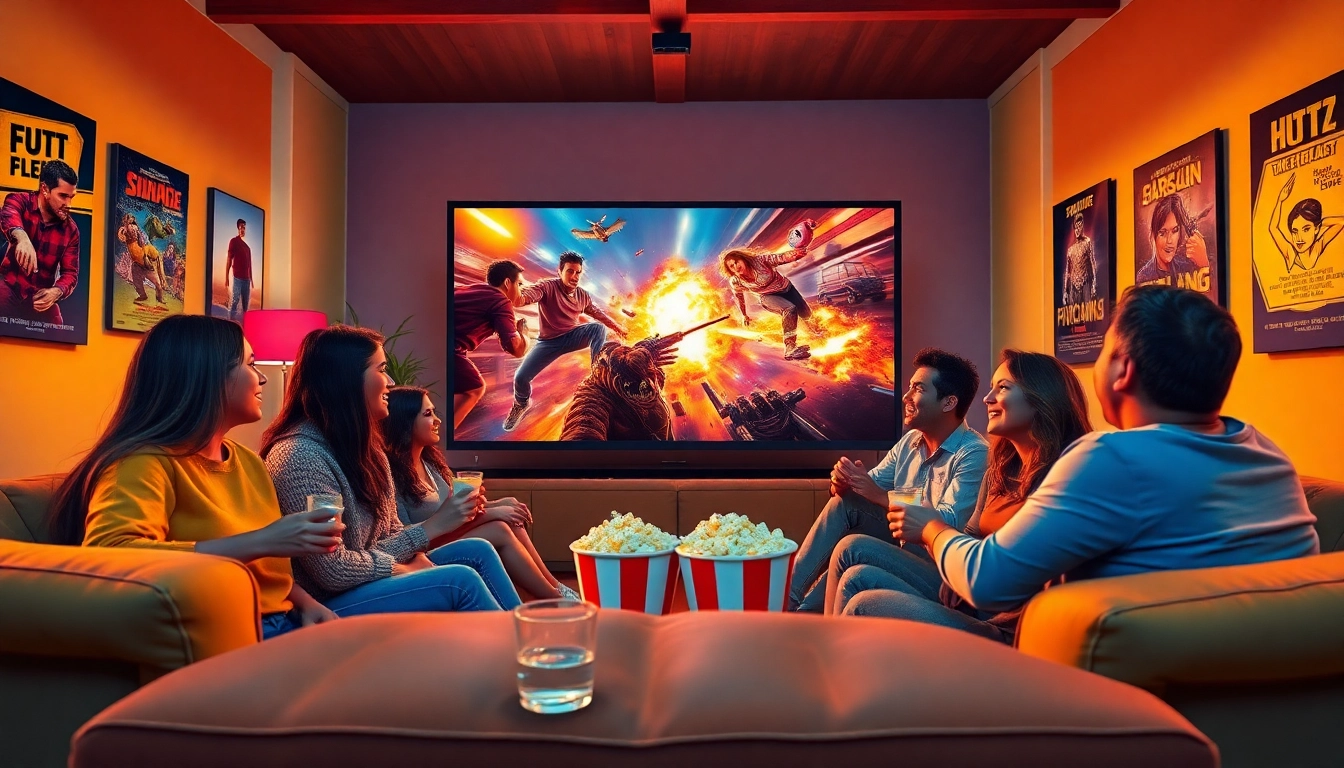 Friends enjoying a movie night at home, showcasing the joy of filmes.