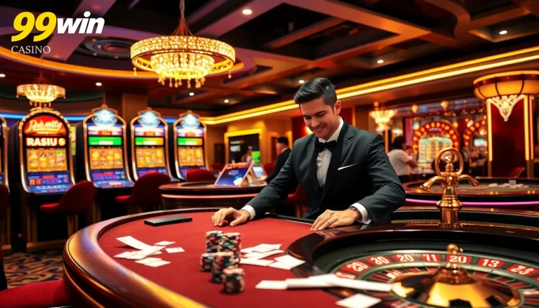 Engaging poker players at 99win casino with luxurious gaming atmosphere and vibrant colors.