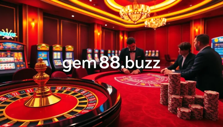 Exciting players at a casino table celebrating their wins on gem88.buzz, surrounded by vibrant decorations.
