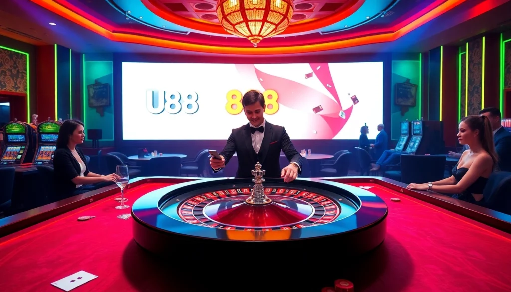Experience the excitement of U888 with players at a luxurious casino roulette table.