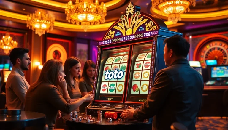 Players enjoying the thrill of toto slot games at a vibrant casino, complete with lights and excitement.