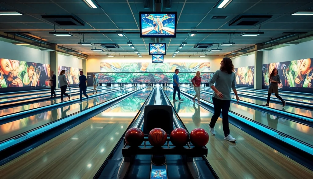 Bowling equipment manufacturer showcasing advanced bowling lanes and pinsetters in a modern bowling alley.