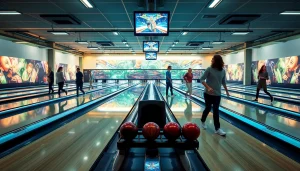 Bowling equipment manufacturer showcasing advanced bowling lanes and pinsetters in a modern bowling alley.