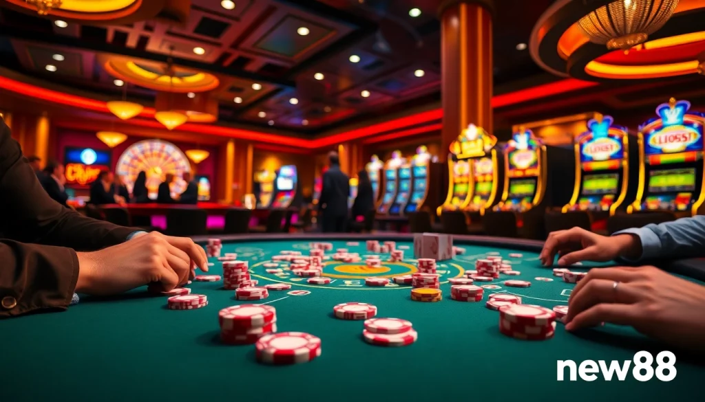 New88 players engaging in a thrilling game at a vibrant casino table with colorful poker chips.