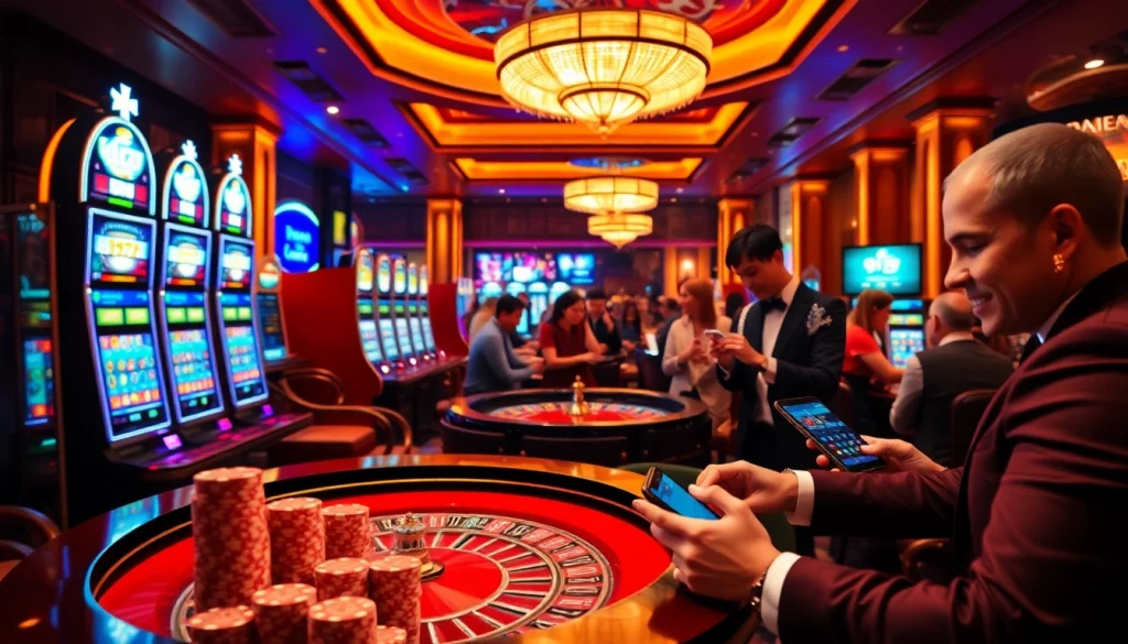 Exciting gameplay on 918kiss with colorful slot machines and poker chips.