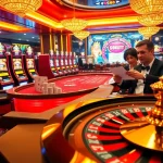 Rasakan sensasi obraltoto dengan adegan kasino yang menarik yang menampilkan mesin slot berwarna-warni dan meja permainan yang elegan.