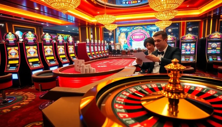 Rasakan sensasi obraltoto dengan adegan kasino yang menarik yang menampilkan mesin slot berwarna-warni dan meja permainan yang elegan.