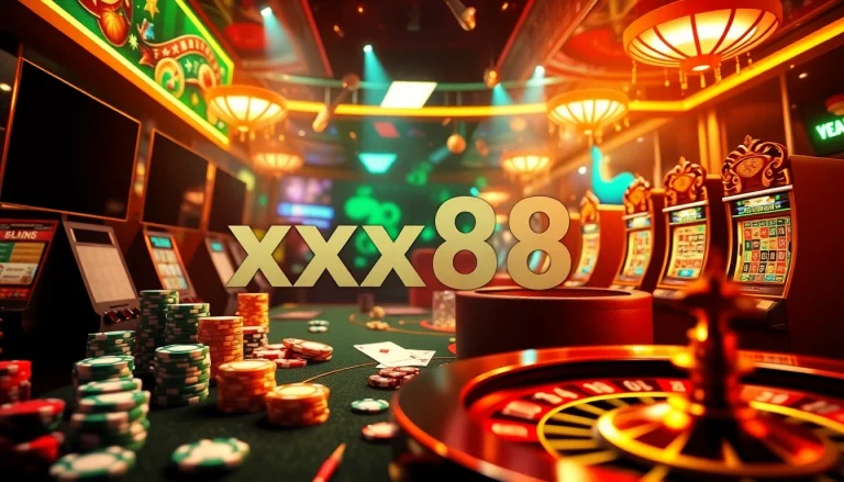 Engaging scene of online gambling with luxurious xx88 elements like poker chips and roulette wheel.