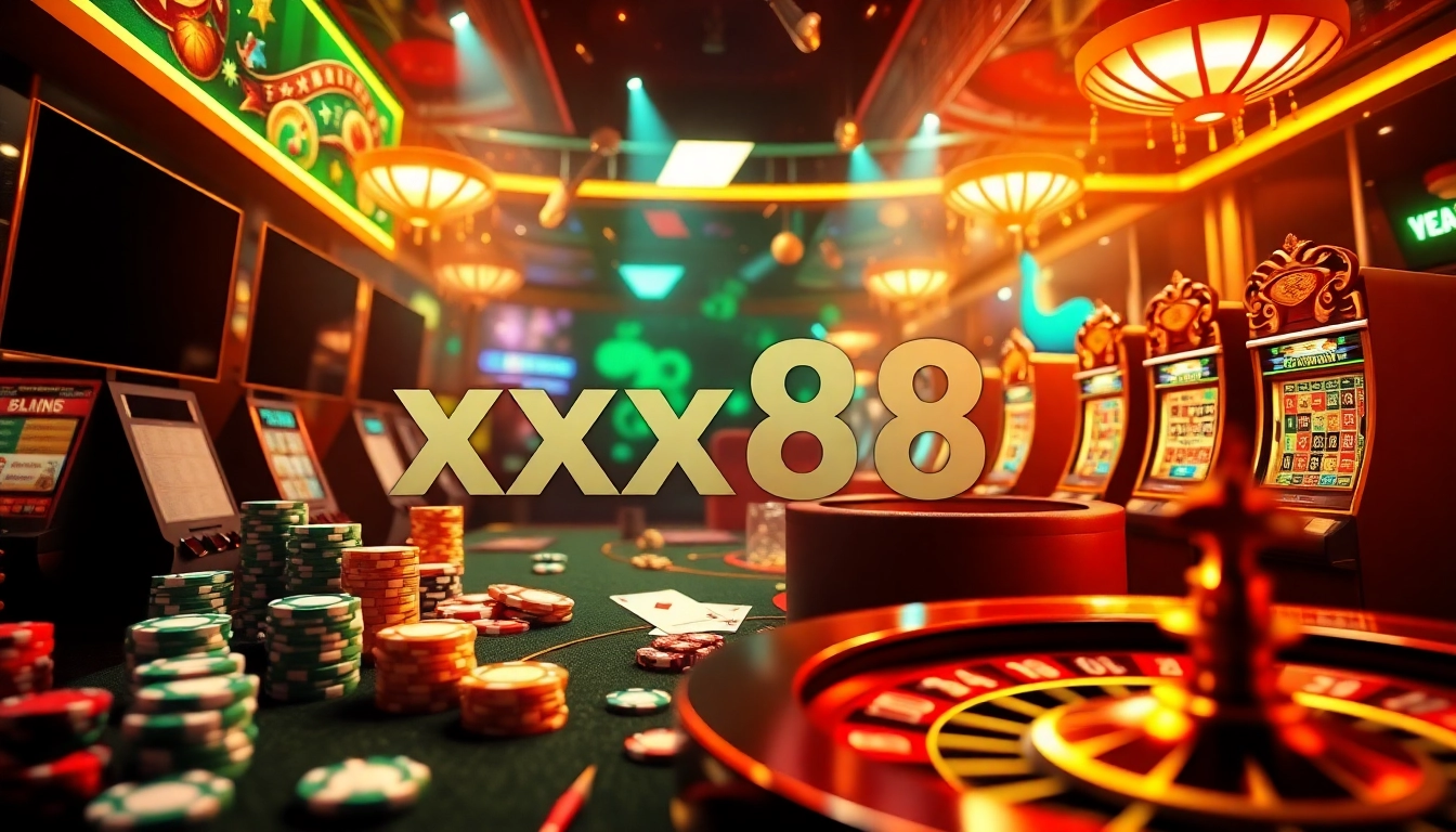 Engaging scene of online gambling with luxurious xx88 elements like poker chips and roulette wheel.