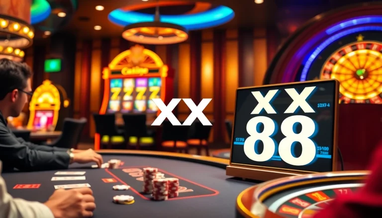 Experience the thrill of gambling at XX 88 with players enjoying poker and vibrant slot machines.
