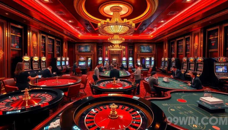 Players enjoying games at 99WIN.COM casino tables with poker chips and betting slips.