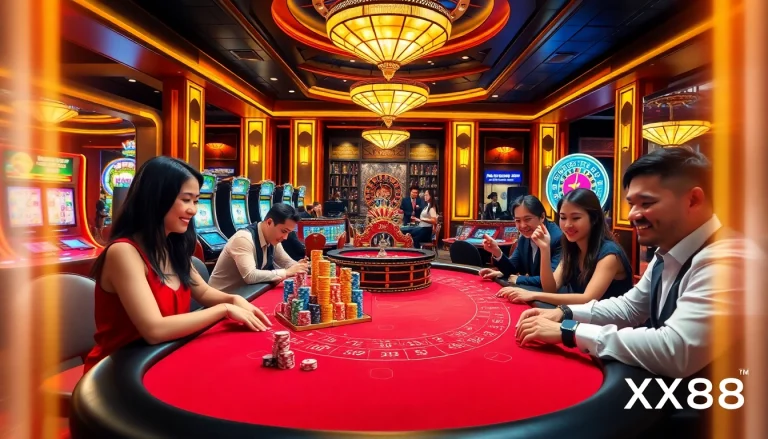 Exciting Baccarat gameplay scene representing Trang Chủ XX88, highlighting players and vibrant casino atmosphere.