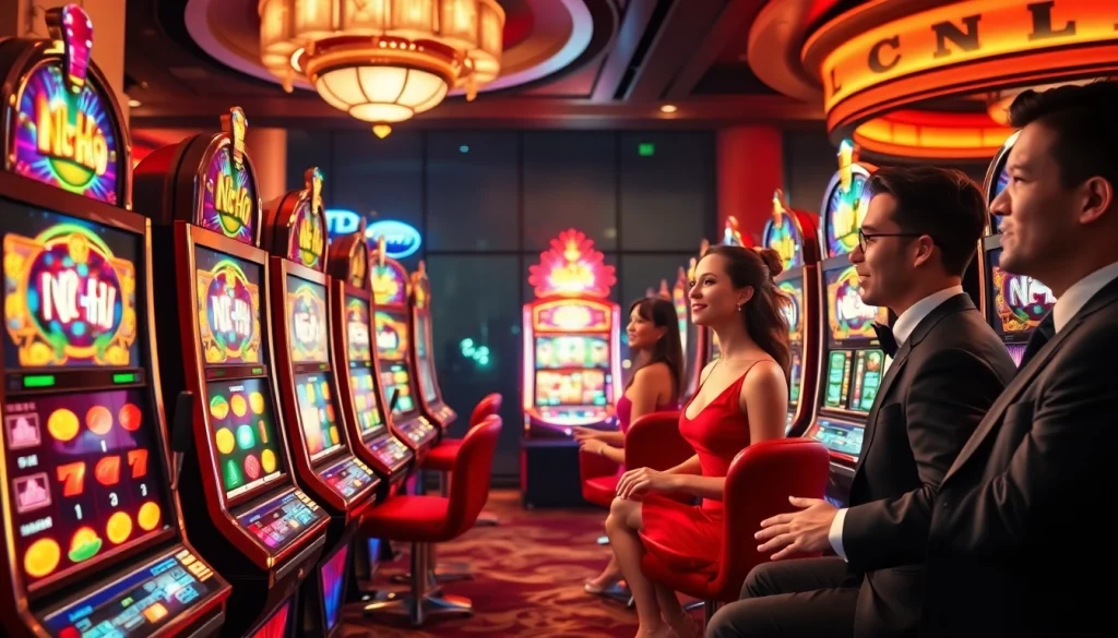 Nổ Hũ slot machines excitingly spinning in a luxurious casino scene.