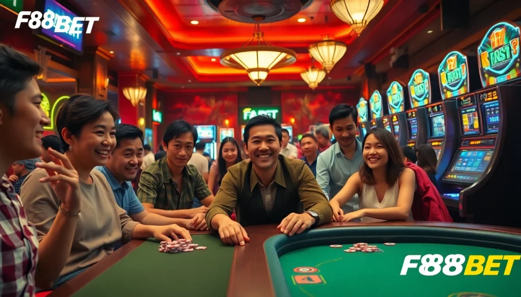 Exciting F88BET casino scene with players enjoying various games and vibrant atmosphere.