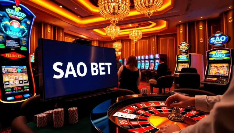 Exciting casino scene highlighting SAO BET with roulette, poker chips, and vibrant lighting.