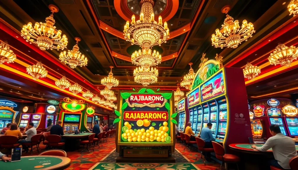 Win big with RAJABARONG slot machines amidst a dazzling casino atmosphere.